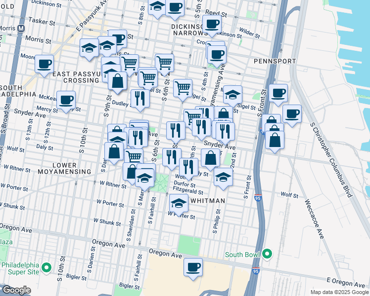 map of restaurants, bars, coffee shops, grocery stores, and more near 433 East Snyder Avenue in Philadelphia