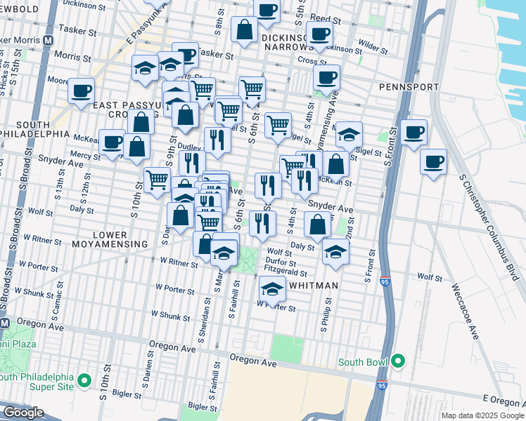 map of restaurants, bars, coffee shops, grocery stores, and more near in Philadelphia