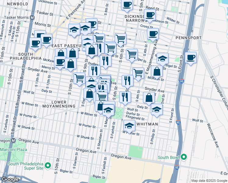 map of restaurants, bars, coffee shops, grocery stores, and more near 645 Cantrell Street in Philadelphia