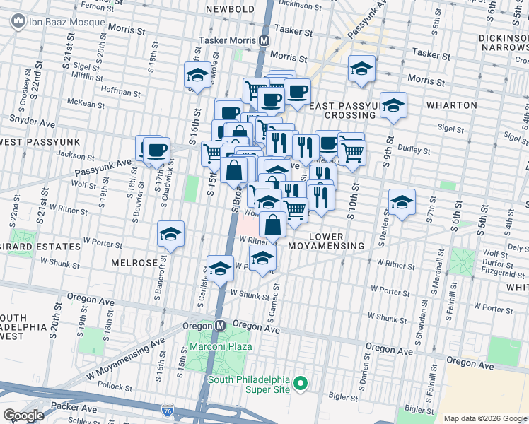 map of restaurants, bars, coffee shops, grocery stores, and more near 2214 South 13th Street in Philadelphia