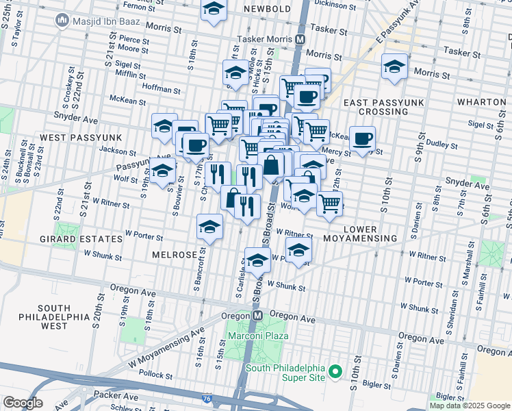 map of restaurants, bars, coffee shops, grocery stores, and more near 2232 South Rosewood Street in Philadelphia