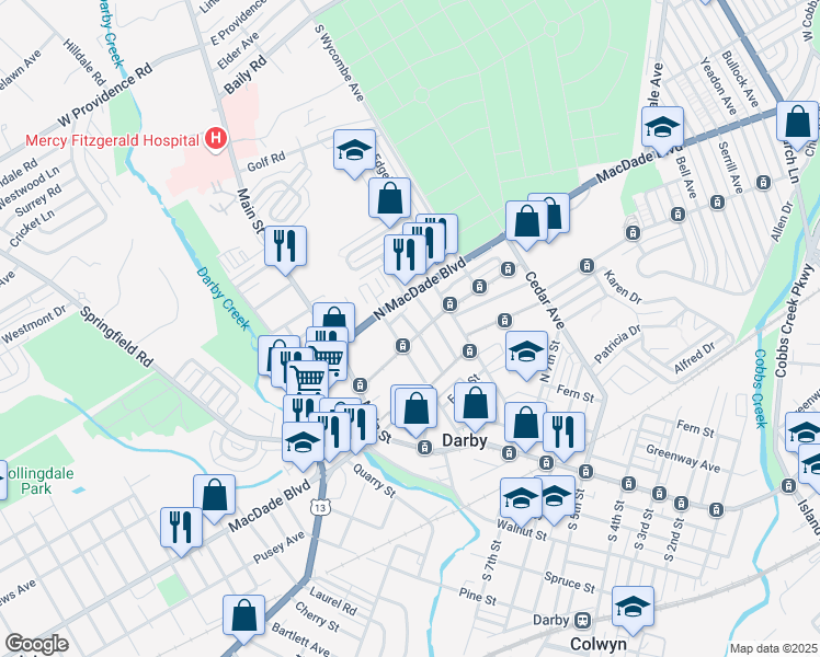 map of restaurants, bars, coffee shops, grocery stores, and more near 1018 Center Street in Darby
