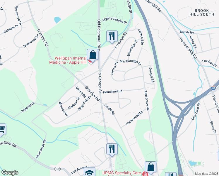 map of restaurants, bars, coffee shops, grocery stores, and more near 2339 South George Street in York