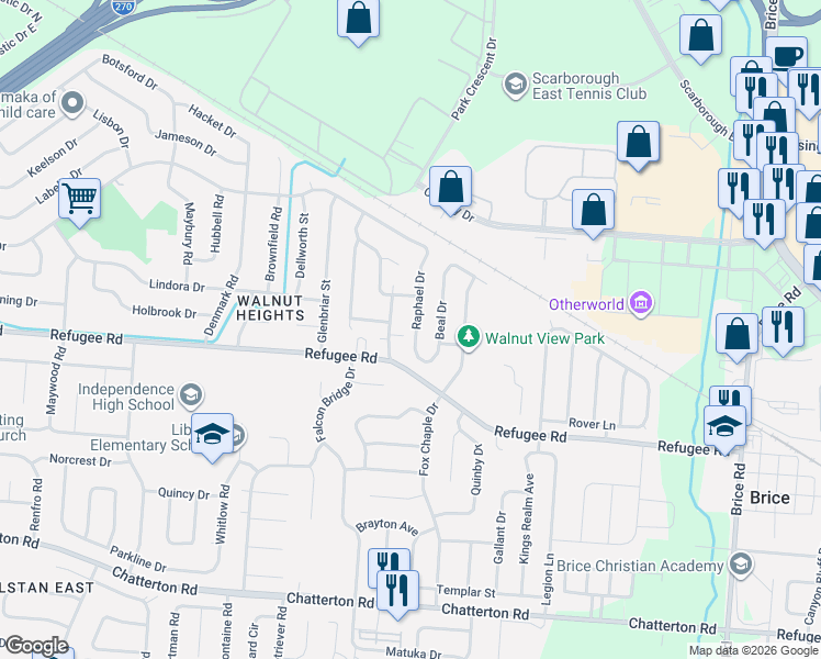 map of restaurants, bars, coffee shops, grocery stores, and more near 2765 Raphael Drive in Columbus