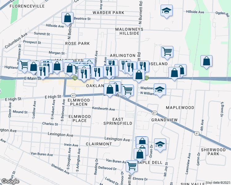 map of restaurants, bars, coffee shops, grocery stores, and more near 17 Buxton Avenue in Springfield