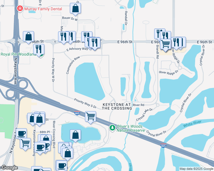 map of restaurants, bars, coffee shops, grocery stores, and more near 9325 Delegates Row in Indianapolis