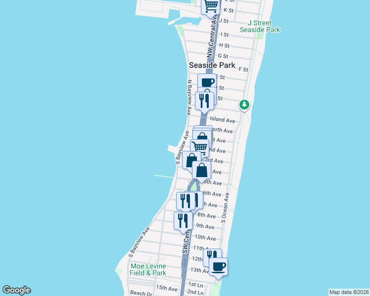map of restaurants, bars, coffee shops, grocery stores, and more near 200 South Bayview Avenue in Seaside Park