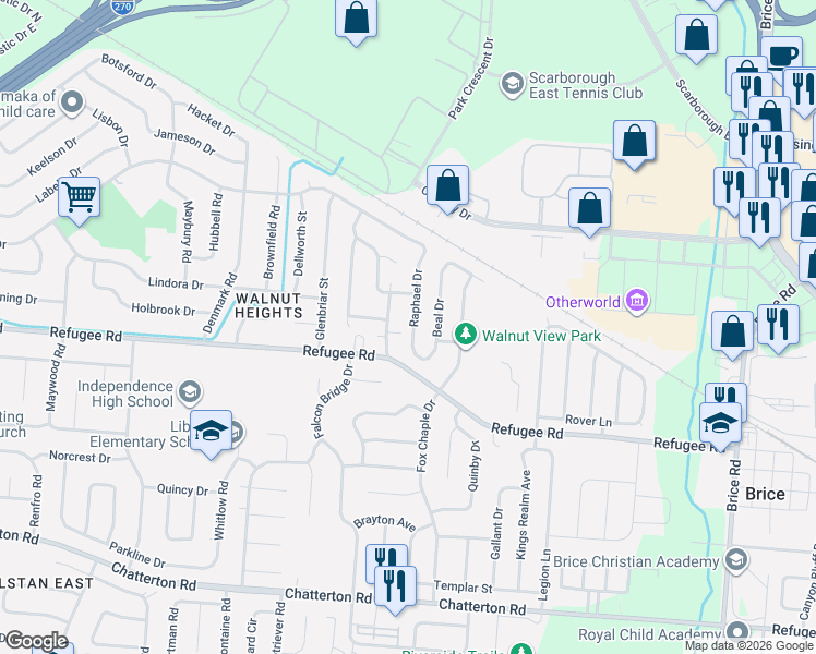 map of restaurants, bars, coffee shops, grocery stores, and more near 2765 Raphael Drive in Columbus