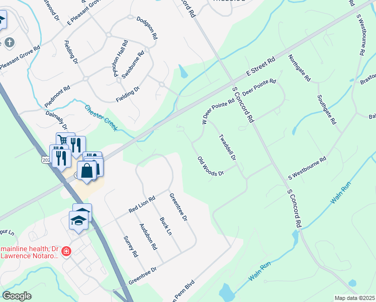 map of restaurants, bars, coffee shops, grocery stores, and more near 1250 Old Woods Drive in West Chester