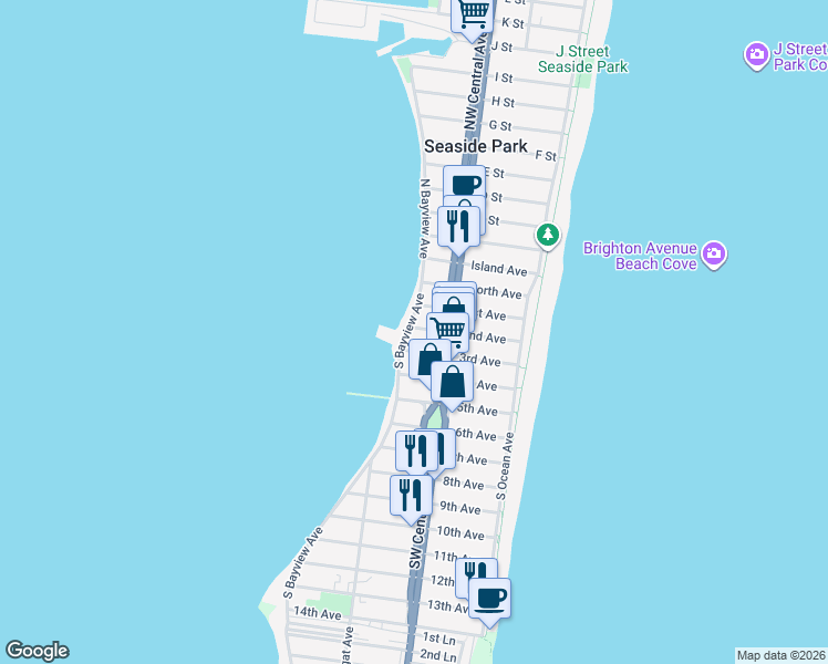 map of restaurants, bars, coffee shops, grocery stores, and more near 124 2nd Avenue in Seaside Park