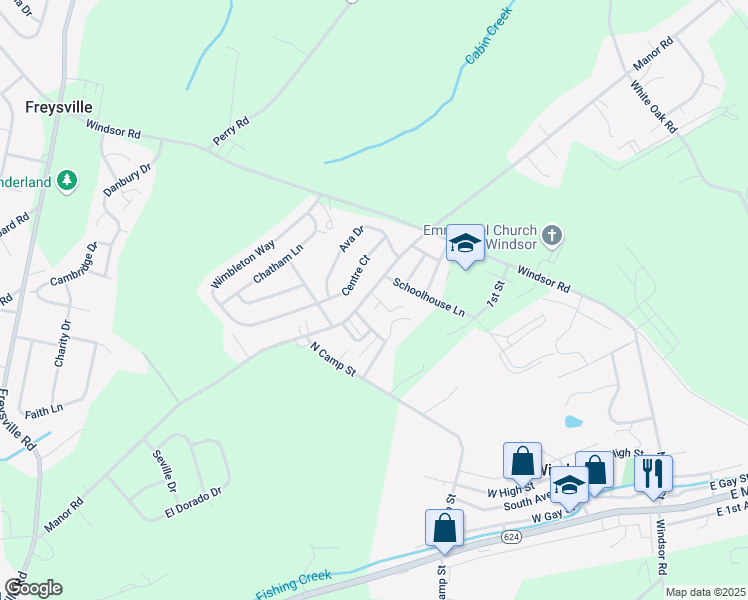 map of restaurants, bars, coffee shops, grocery stores, and more near 510 Manor Road in Windsor