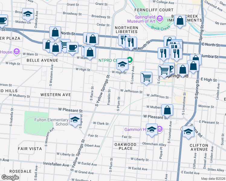 map of restaurants, bars, coffee shops, grocery stores, and more near 413 West Washington Street in Springfield