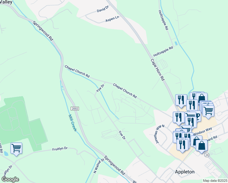 map of restaurants, bars, coffee shops, grocery stores, and more near 443 Bradford Drive in Red Lion