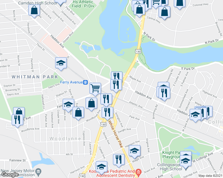 map of restaurants, bars, coffee shops, grocery stores, and more near 27 Bellevue Terrace in Collingswood