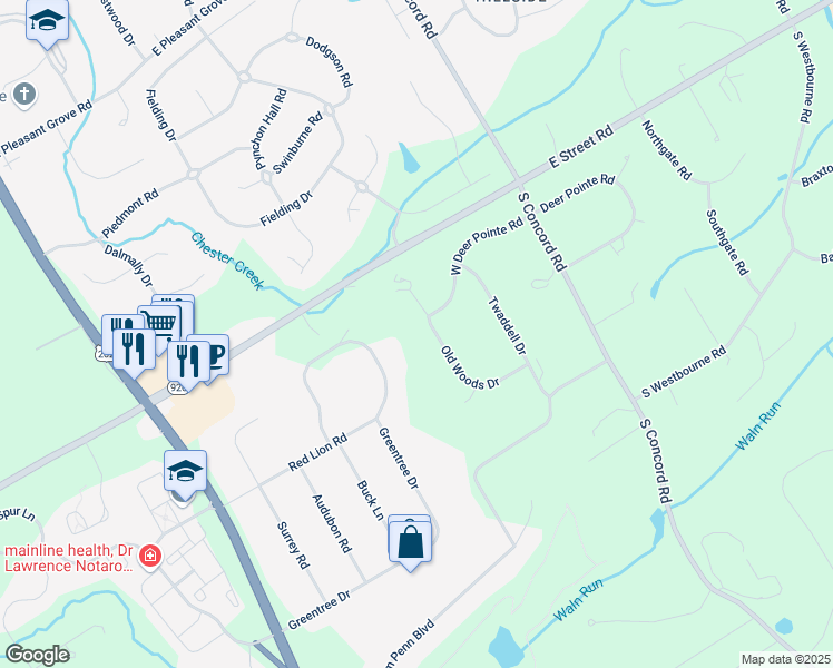 map of restaurants, bars, coffee shops, grocery stores, and more near 1250 Old Woods Drive in West Chester