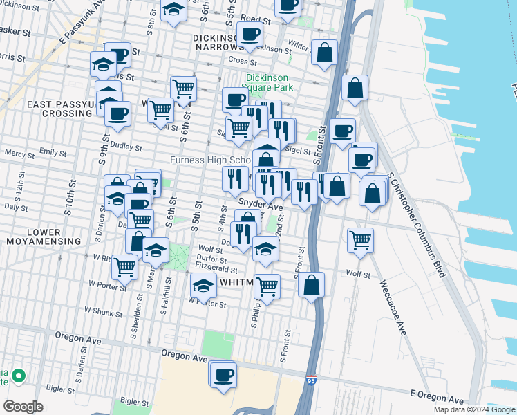 map of restaurants, bars, coffee shops, grocery stores, and more near 300 Snyder Avenue in Philadelphia