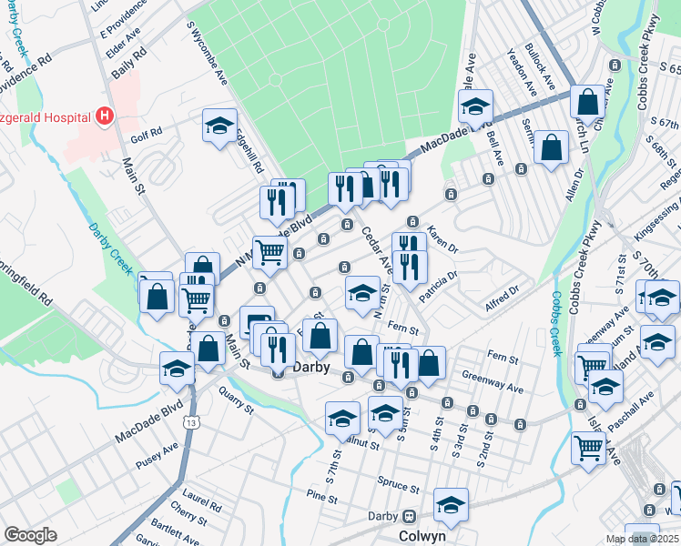 map of restaurants, bars, coffee shops, grocery stores, and more near 232 Marks Avenue in Darby
