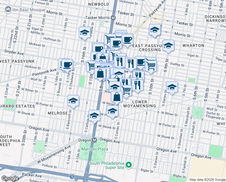 map of restaurants, bars, coffee shops, grocery stores, and more near 2214 South 13th Street in Philadelphia
