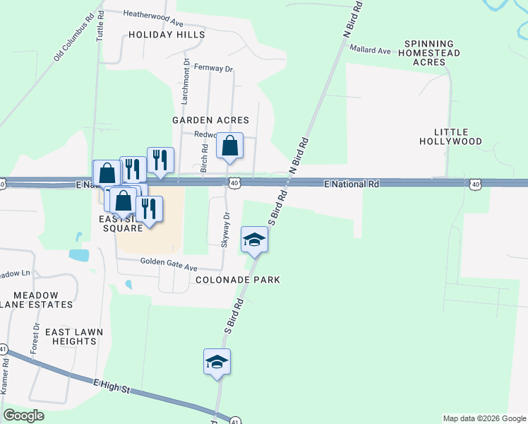 map of restaurants, bars, coffee shops, grocery stores, and more near 35 South Bird Road in Springfield