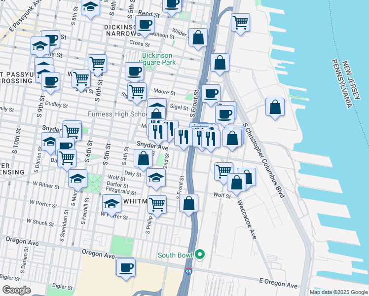 map of restaurants, bars, coffee shops, grocery stores, and more near 103 Snyder Avenue in Philadelphia