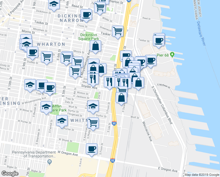 map of restaurants, bars, coffee shops, grocery stores, and more near 103 Snyder Avenue in Philadelphia