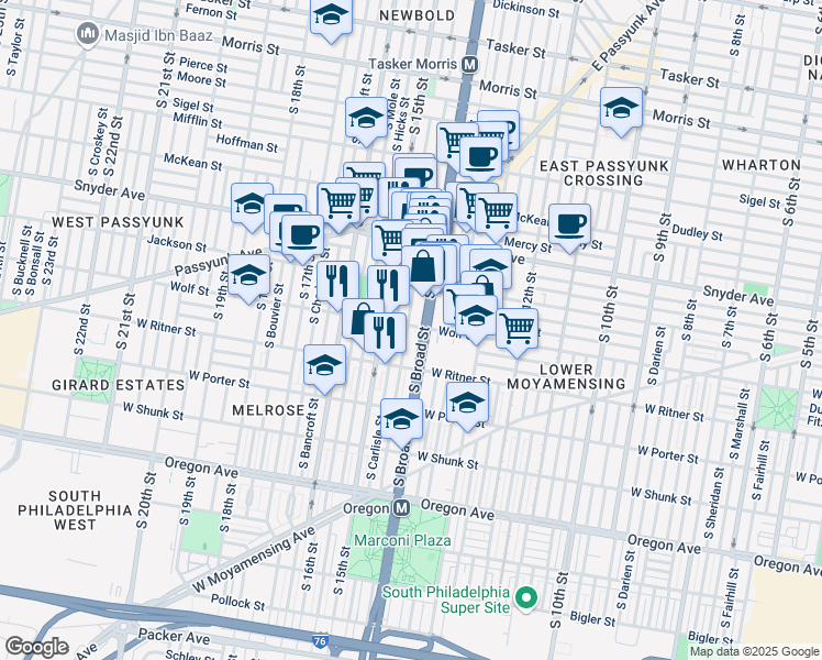 map of restaurants, bars, coffee shops, grocery stores, and more near 2232 South Rosewood Street in Philadelphia