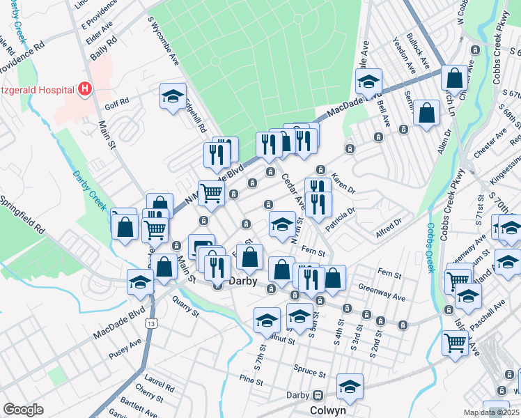 map of restaurants, bars, coffee shops, grocery stores, and more near 222 North 9th Street in Darby