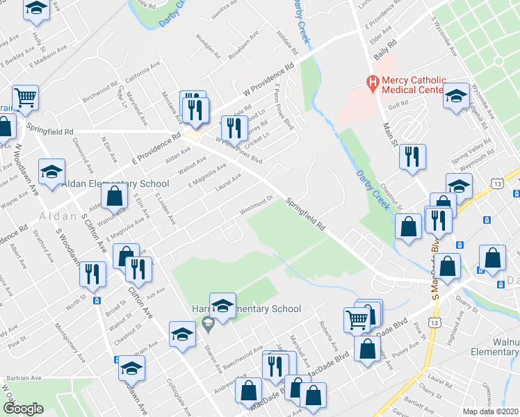 map of restaurants, bars, coffee shops, grocery stores, and more near 458 Westmont Drive in Collingdale