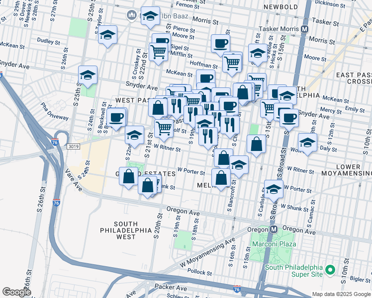 map of restaurants, bars, coffee shops, grocery stores, and more near 1907 West Ritner Street in Philadelphia
