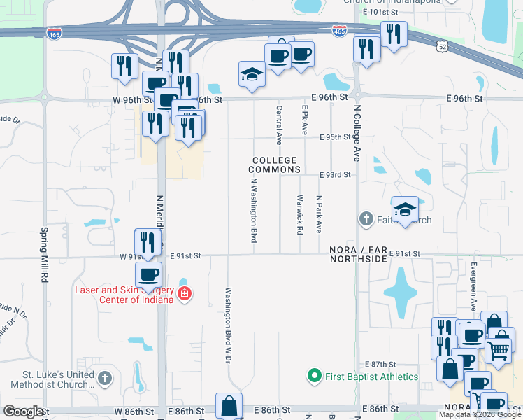 map of restaurants, bars, coffee shops, grocery stores, and more near 9201 North Washington Boulevard in Indianapolis