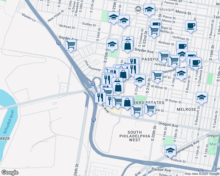 map of restaurants, bars, coffee shops, grocery stores, and more near 2422 South 24th Street in Philadelphia