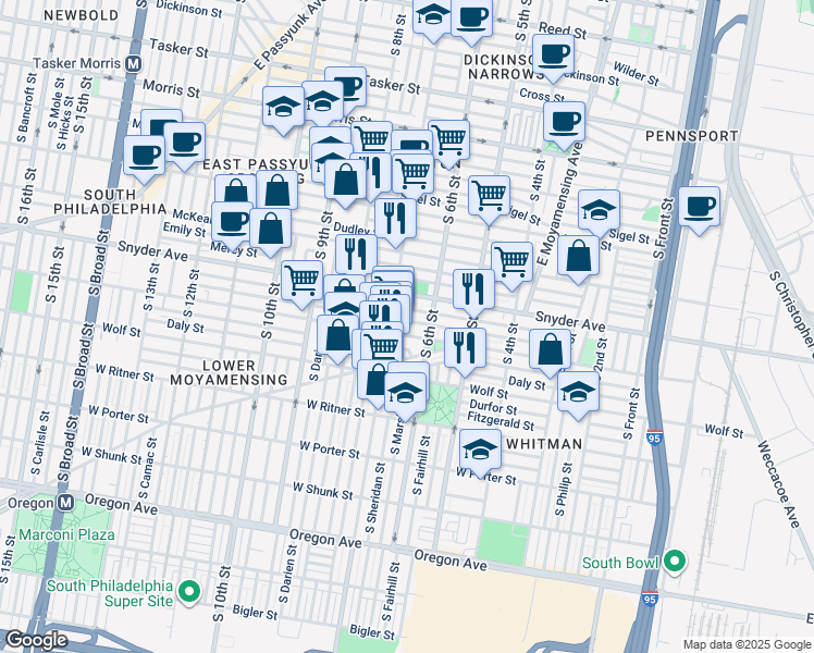 map of restaurants, bars, coffee shops, grocery stores, and more near 624 Winton Street in Philadelphia