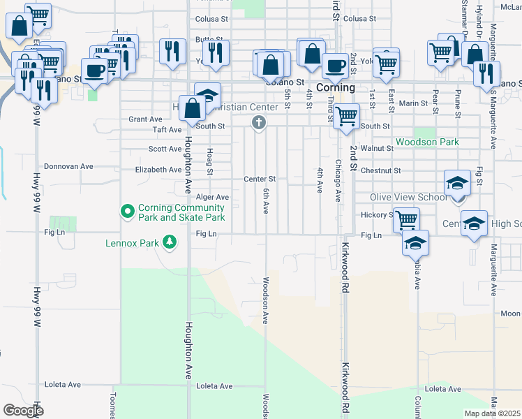 map of restaurants, bars, coffee shops, grocery stores, and more near 1471 Link Street in Corning