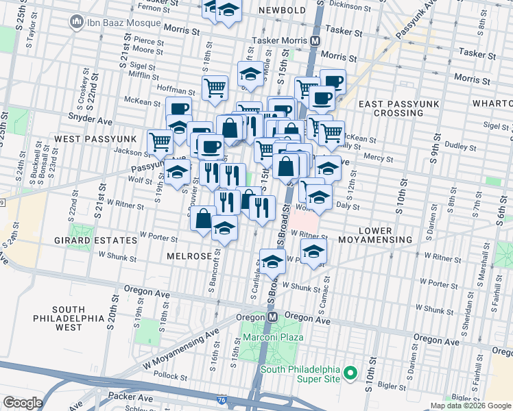 map of restaurants, bars, coffee shops, grocery stores, and more near 2242 South Hicks Street in Philadelphia