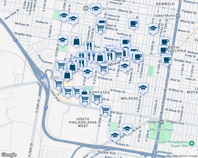 map of restaurants, bars, coffee shops, grocery stores, and more near 2402 South Lambert Street in Philadelphia