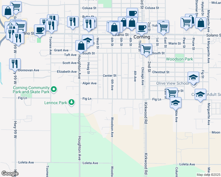 map of restaurants, bars, coffee shops, grocery stores, and more near 1471 Link Street in Corning
