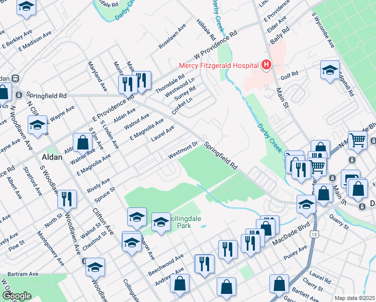 map of restaurants, bars, coffee shops, grocery stores, and more near 458 Westmont Drive in Collingdale