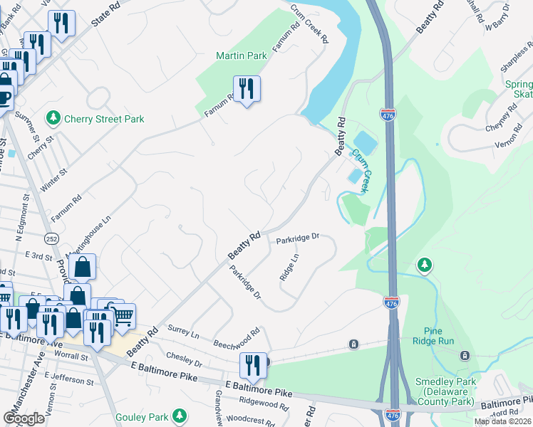 map of restaurants, bars, coffee shops, grocery stores, and more near 907 Penn Valley Road in Media
