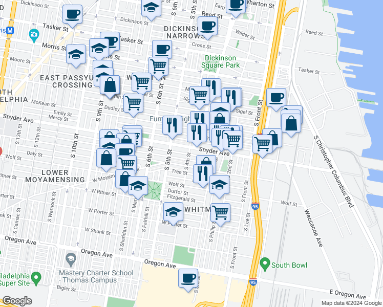 map of restaurants, bars, coffee shops, grocery stores, and more near 2113 South 4th Street in Philadelphia