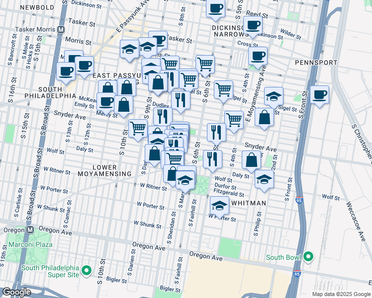map of restaurants, bars, coffee shops, grocery stores, and more near 624 Winton Street in Philadelphia