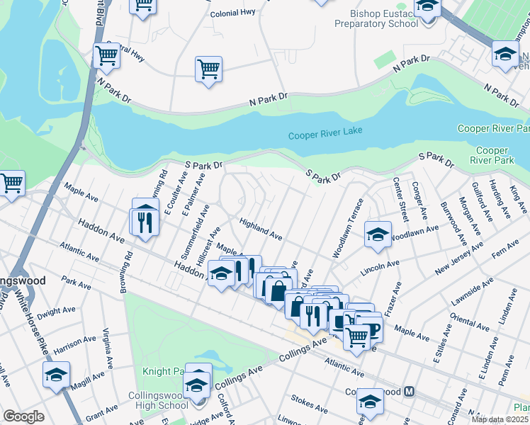 map of restaurants, bars, coffee shops, grocery stores, and more near 223 Garfield Avenue in Collingswood