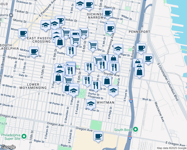 map of restaurants, bars, coffee shops, grocery stores, and more near 433 East Snyder Avenue in Philadelphia