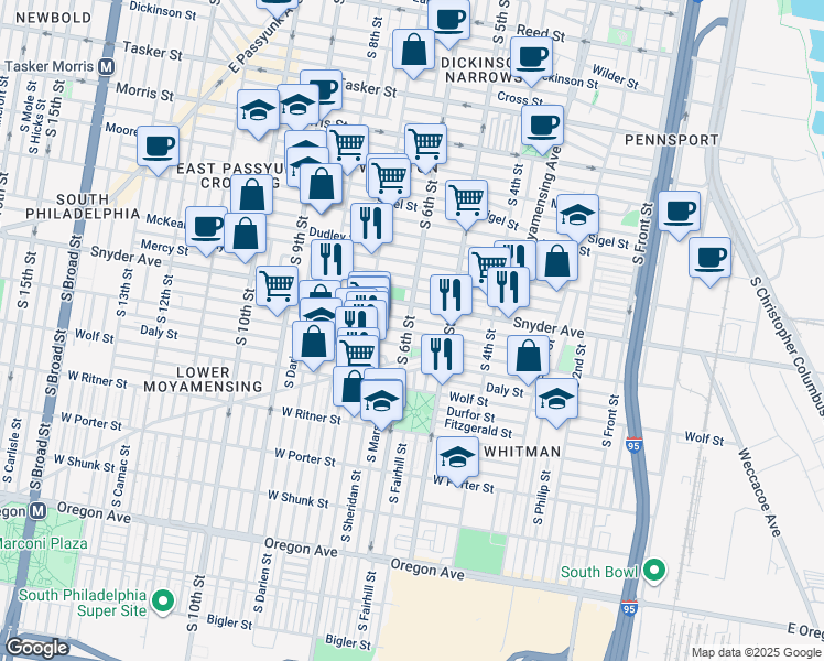 map of restaurants, bars, coffee shops, grocery stores, and more near in Philadelphia