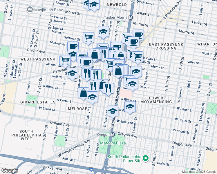 map of restaurants, bars, coffee shops, grocery stores, and more near 2242 South Hicks Street in Philadelphia