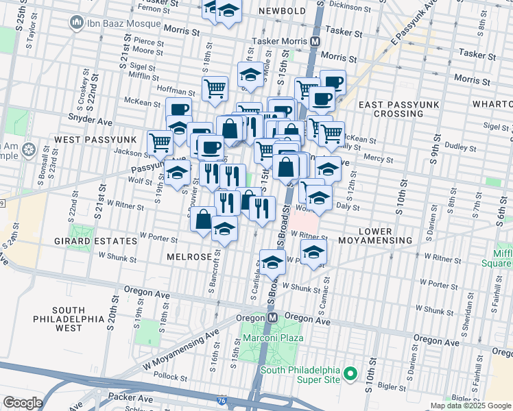 map of restaurants, bars, coffee shops, grocery stores, and more near 2242 South Hicks Street in Philadelphia