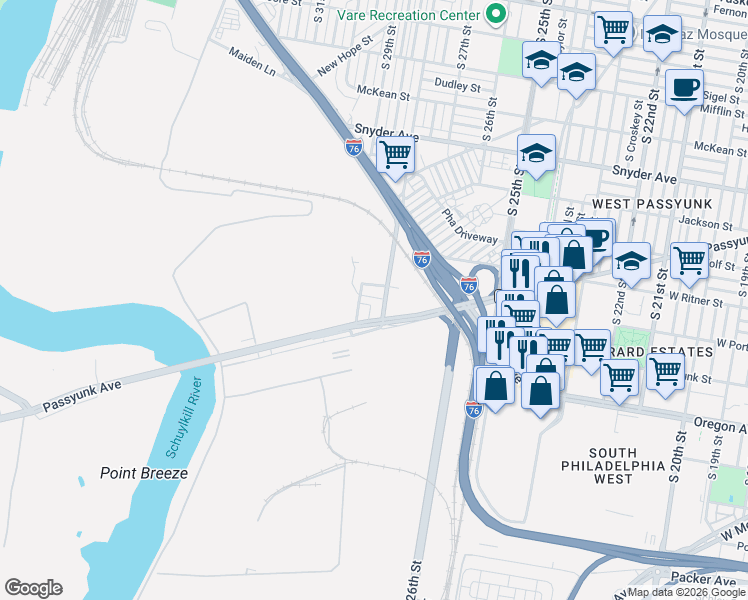 map of restaurants, bars, coffee shops, grocery stores, and more near 2445 South 28th Street in Philadelphia