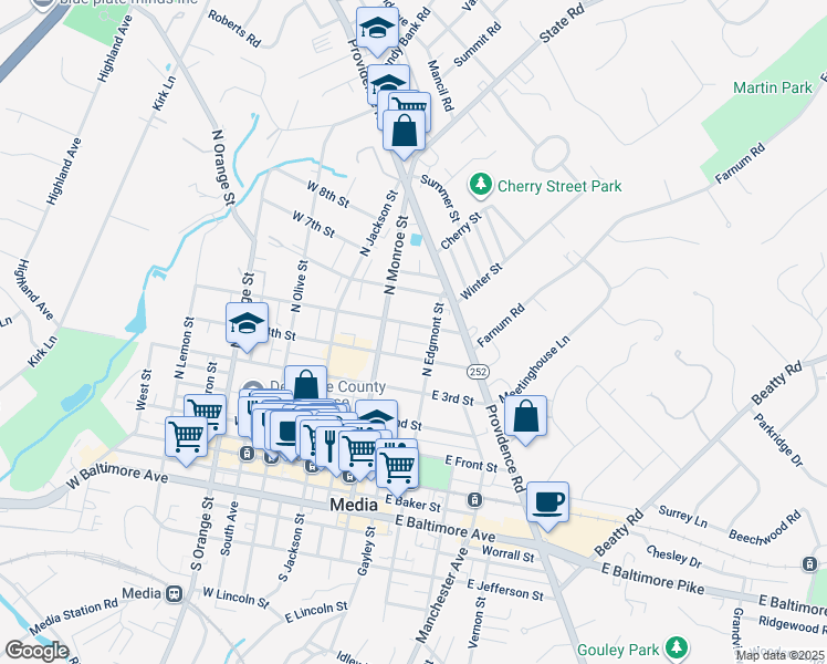map of restaurants, bars, coffee shops, grocery stores, and more near 125 East 5th Street in Chester