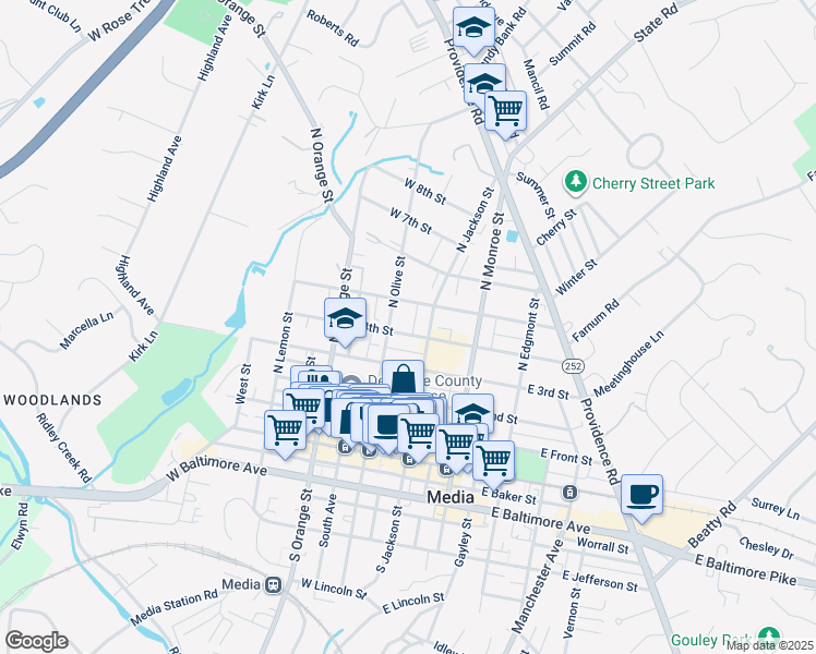 map of restaurants, bars, coffee shops, grocery stores, and more near 422 North Olive Street in Media