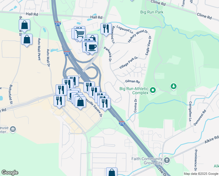 map of restaurants, bars, coffee shops, grocery stores, and more near 1313 Bay Club Circle in Columbus