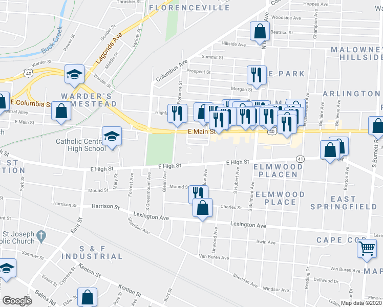 map of restaurants, bars, coffee shops, grocery stores, and more near 1575 McKinley Avenue in Springfield